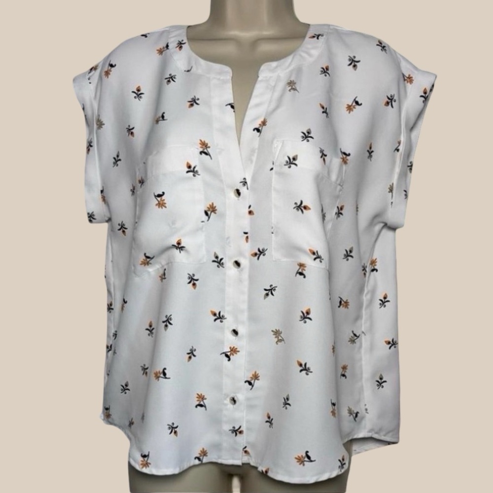 Ann Taylor Womens Split Neck Blouse Ditsy Floral Cap Sleeve White Top SZ MP